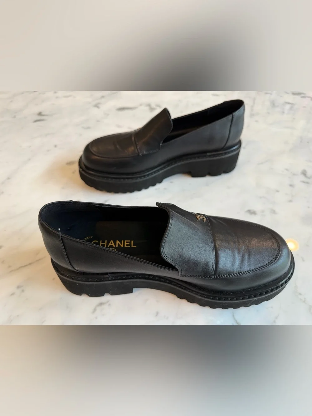NotChanel Women's Black Leather Platform Loafers Size 39/8 US